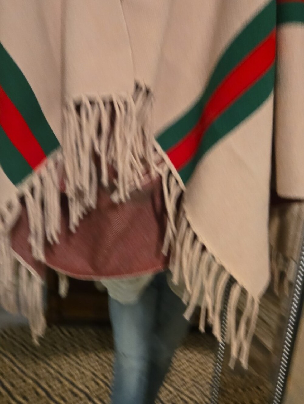 Beige Fringe Cape Poncho with Green & Red Stripes - Picture 5 of 7